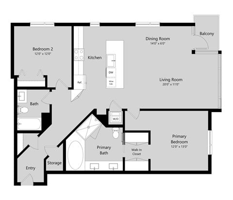 Floor plan for 2 beds, 2 baths, 1304 sqft